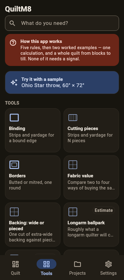 The Tools tab in dark theme: warm dark surfaces, not pure black.