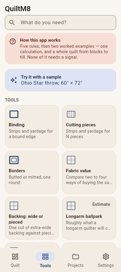 The Tools tab: a search field, a Continue row, and a grid of tool cards with literal quilt-diagram icons.