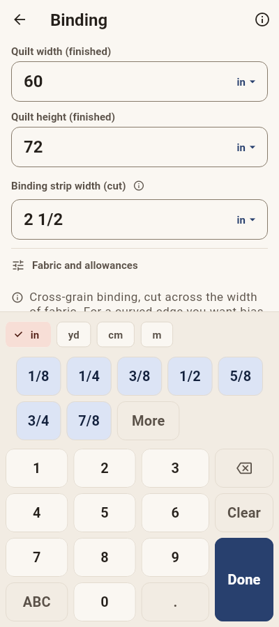 The fraction keypad: digits below, a row of eighths above.