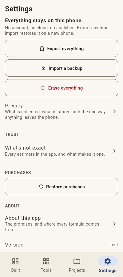 Settings: units, defaults, export controls, and the everything-stays-on-this-phone statement.